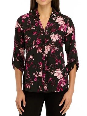 Women's Floral Button-Front Blouse - Black/Pink -Large - A Byer